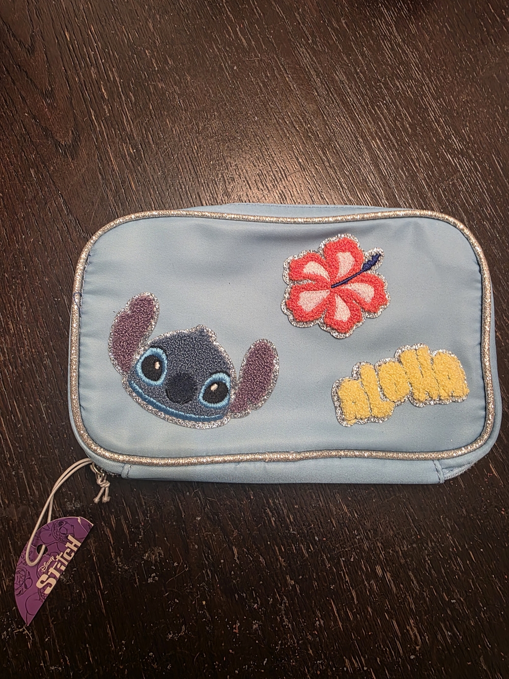 Disney Blue Lilo & Stitch Applique Kids Pouch with Flower Patch